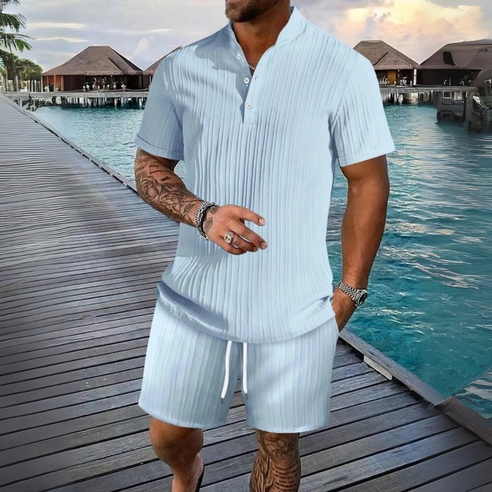 Men's Sky Blue Short Sleeve Polo Top & Shorts Resort Outfit